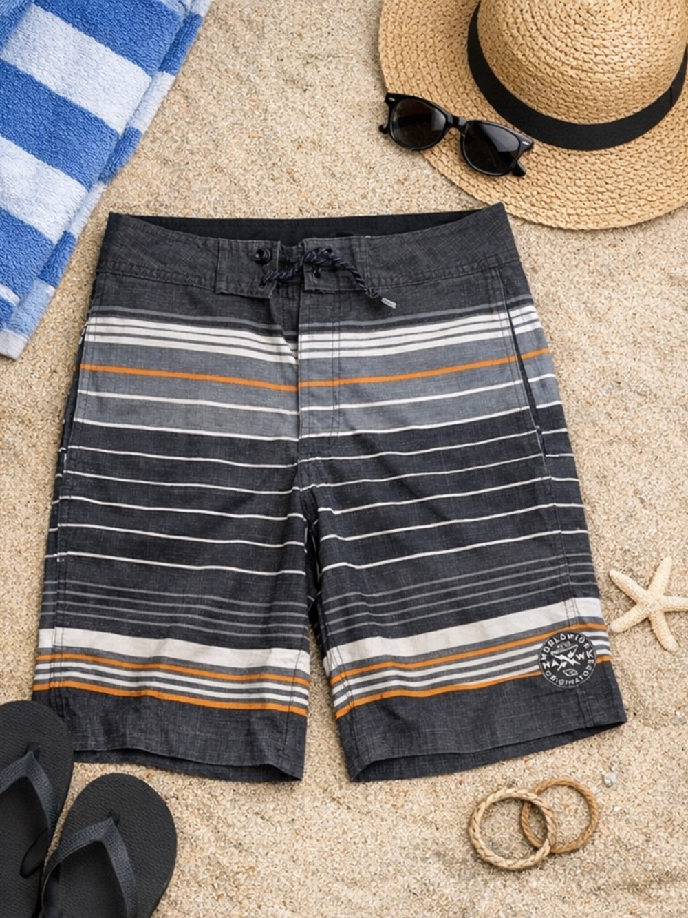 Hawke & Co Black, Gray and Orange Striped Men's Swim Board Shorts